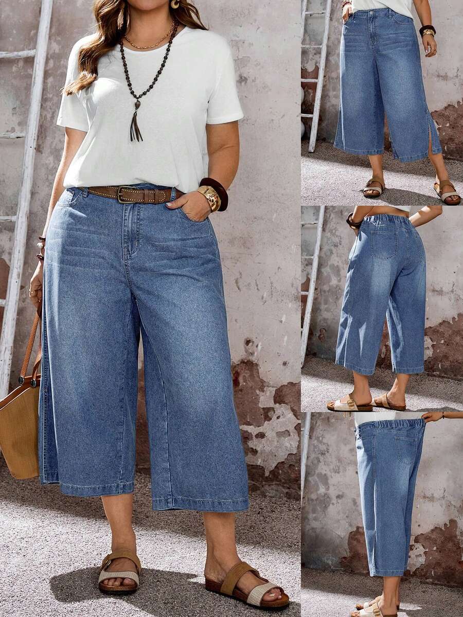 EMERY ROSE EMERY ROSE Plus Size Women Fashion Versatile Leg Slit Pocket Zipper Decor 3/4 Length Denim Pants - Medium Wash - View 1