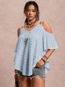 Freevana Plus Size Solid Color Minimalist Off-Shoulder T-Shirt - Baby Blue - View 3