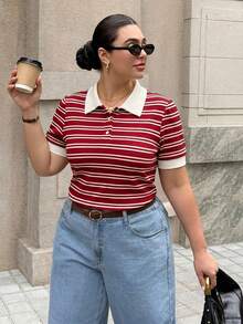 Dripcurv Burgundy And Striped Polo Shirt For Women Stylish Collared Short Sleeve Top - Burgundy - View 4