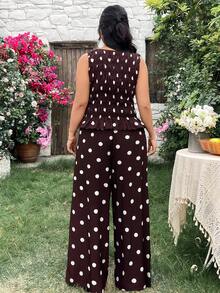 Modelyn Plus Size Women Casual Polka Dot Print Camisole & Pants 2 Pieces Set - Brown - View 2