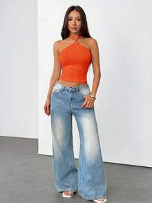SHEIN PETITE Áo kiểu nữ màu trơn, đính kim loại, ôm sát, cổ yếm, thích hợp cho các buổi hòa nhạc, lễ hội. - trái cam - Xem 5