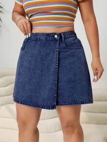 Solflare Plus Size Women Fashion Versatile Pocketed Denim Skirt Shorts - Dark Wash - View 3