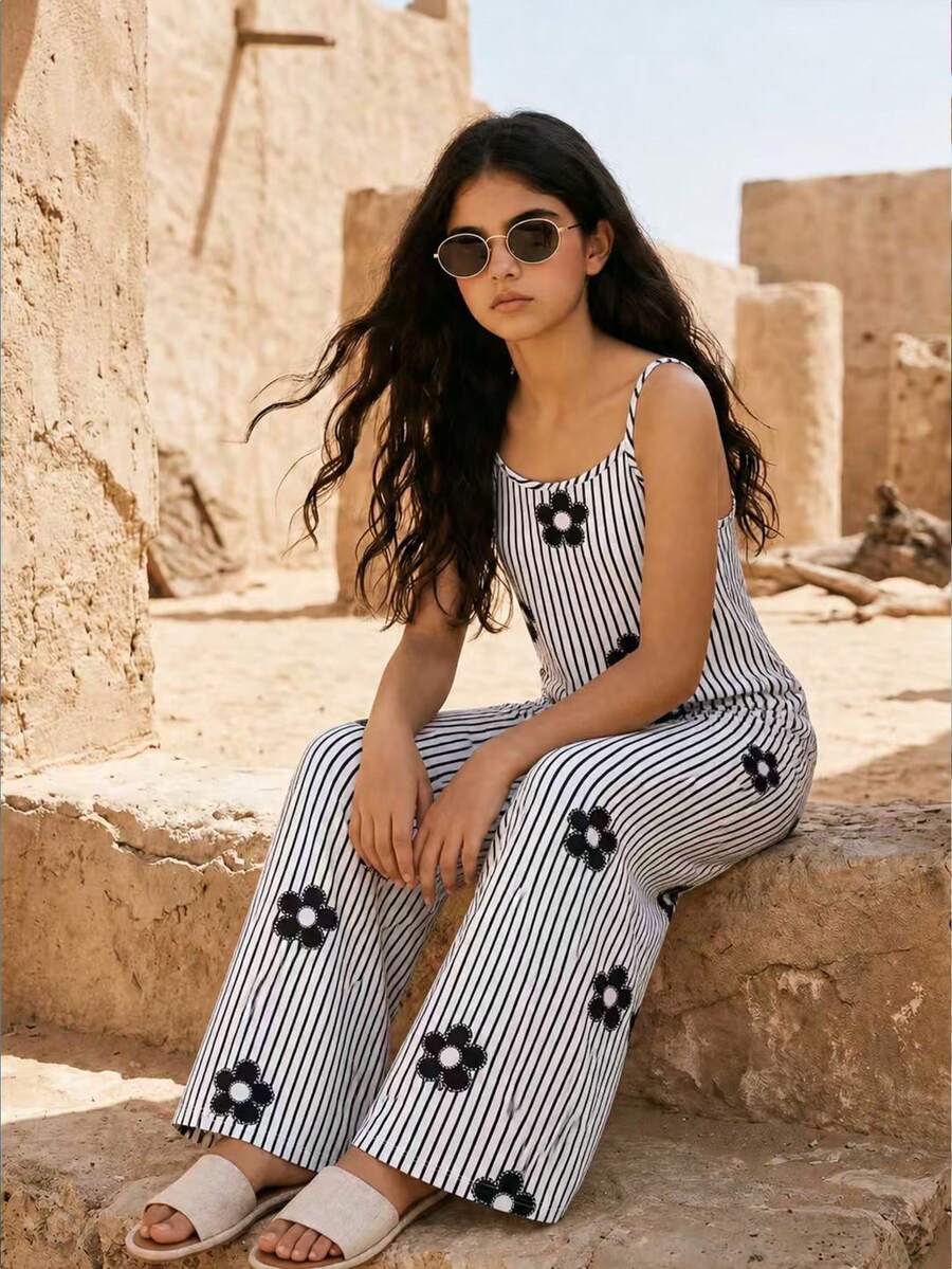 少女休闲波西米亚度假风吊带印花宽松连体裤 - 彩色 - 查看 1