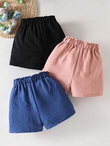 3pcs/Set Tween Girls' Textured Button Decor Solid Color Casual Shorts - Multicolor - View 2