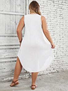 SHEIN CURVE+ 大码女式纯色弧形下摆背心连衣裙 - 白色 - 查看 2
