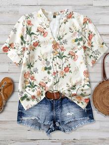 Linhara Plus Size Summer Elegant Floral Print Notch Neck Short Sleeve Blouse - Apricot - View 3