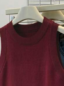 SHEIN Women's Solid Color Round Neck Casual Versatile Knit Vest - Red - View 4