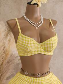 Bellisia Bộ đồ bơi tankini 2 mảnh mùa hè dành cho nữ, họa tiết kẻ caro, có gọng, màu be. - Màu vàng - Xem 4