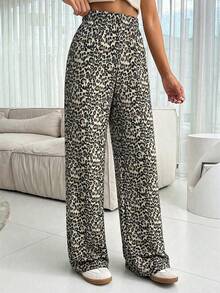 SHEIN PETITE Quần dài cạp cao dáng ôm họa tiết da báo dành cho nữ. - Rỉ Nâu - Xem 5