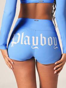 Missguided x Playboy Women's Light Blue Long Sleeve Crop Top And High Rise Shorts Two Piece Athletic Set - Blue - View 5