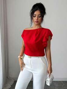 SHEIN Raffinéa Asymmetric Cold Shoulder Top/Ruffle Trim + Cold Shoulder, Fashionable, Elegant, Sexy Blouse - Red - View 3