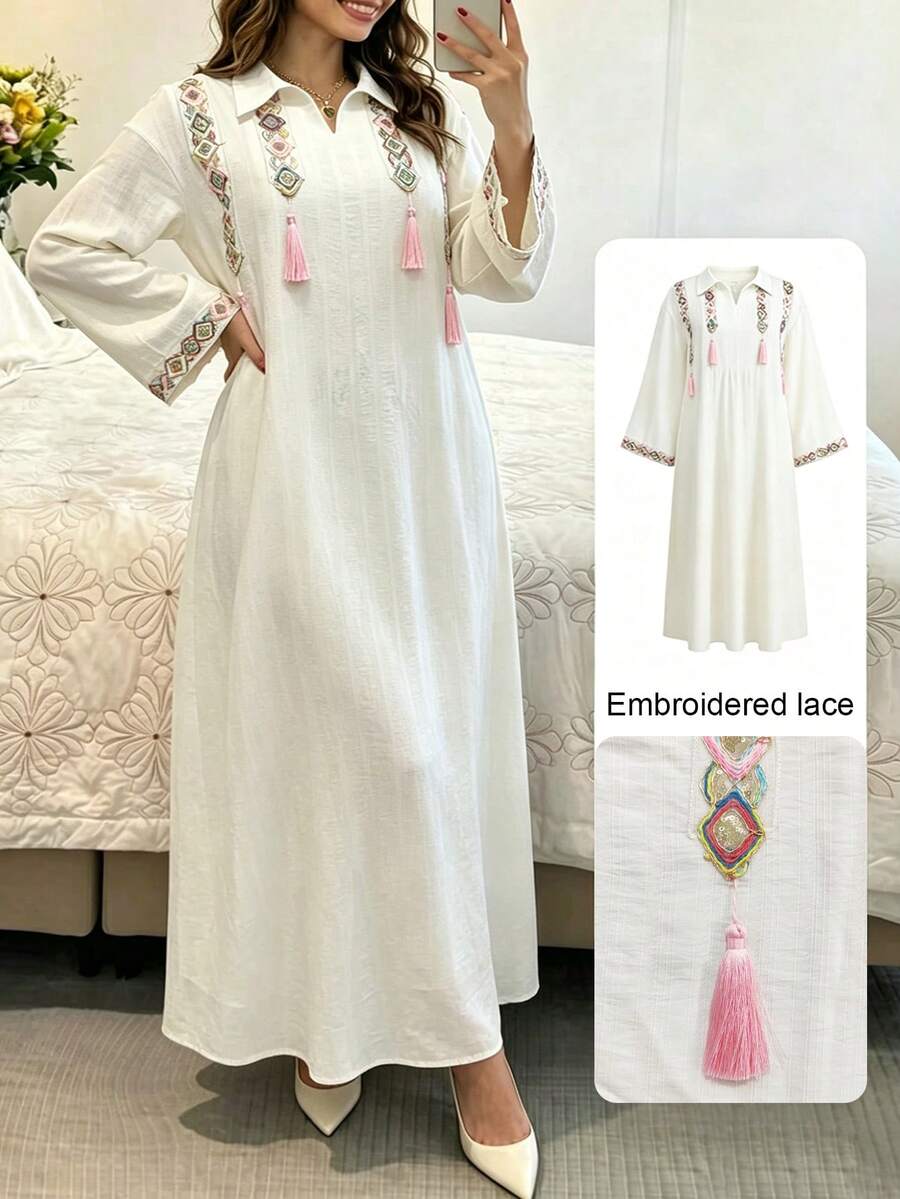 Al Najma Plus Size Women's Colorful Geometric Beaded Fringe Trim White,Summer,Boho,Modest,Birthday Arabic Traditional Long Dress Abaya Kaftan Zipper Tunic