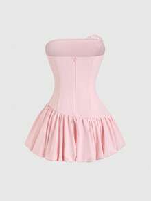 Qadelle Vestido mini con volantes florales sin tirantes, con cintura plisada, minimalista y elegante, adecuado para vacaciones, uso diario casual, primavera/verano para mujeres - Rosa - Ver 2