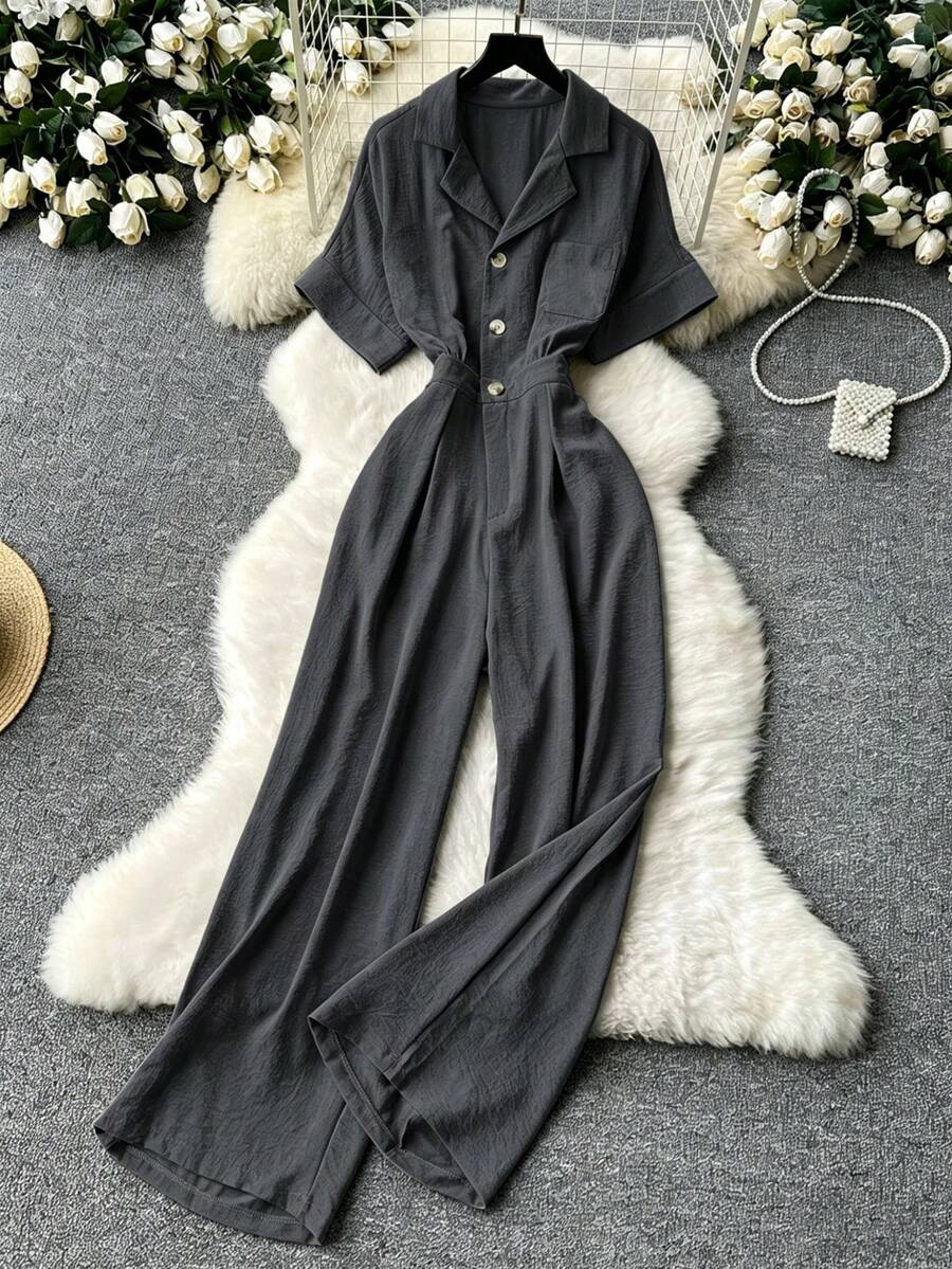 Bộ áo liền quần cổ blazer thời trang, cạp cao, kiểu dáng thường ngày. - Màu xám đen - Xem 1