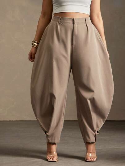 Vixey High Waisted Barrel Office Pants With Gold Button Cuffs