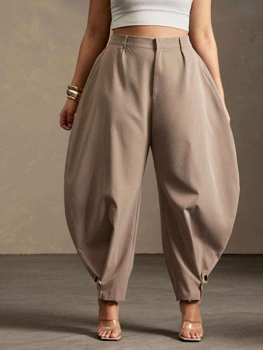 Vixey High Waisted Barrel Office Pants With Gold Button Cuffs Fall - Brown - View 1