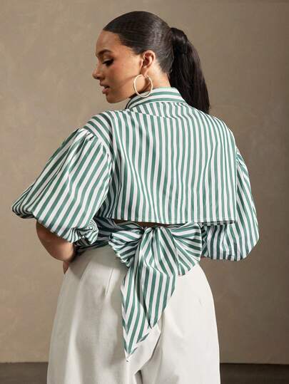 Vixey Self Tie Back Collared Button Up Puff Sleeve Top, Business Casual, Office
