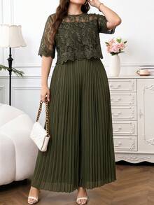 Reflora Mono ancho de pierna plisada con parches, bordados y malla elegante para mujer de talla grande, para verano - Verde - Ver 2