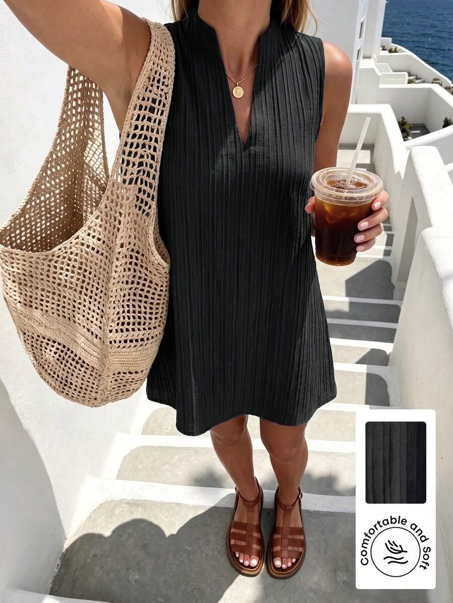 RiviMae Women's Fashionable Versatile Minimalist Elegant Stand Collar Sleeveless Dress, Suitable For Commuting In Spring And Summer - Black - View 1