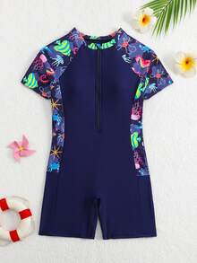 SHEIN 1 bộ đồ bơi mùa hè màu xanh navy cho bé gái. Họa tiết động vật đại dương, khóa kéo phía trước, thích hợp để bơi - Màu xanh hải quân - Xem 1