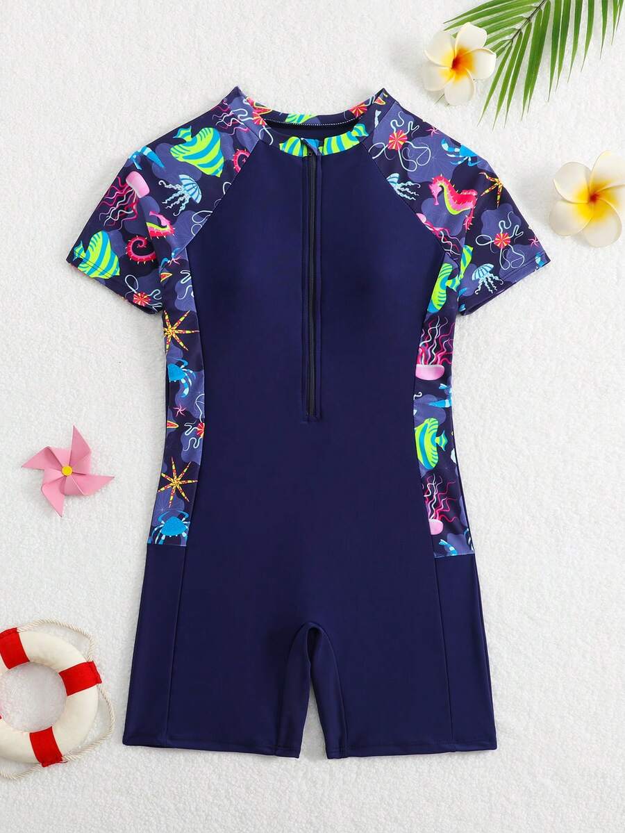 SHEIN 1 bộ đồ bơi mùa hè màu xanh navy cho bé gái. Họa tiết động vật đại dương, khóa kéo phía trước, thích hợp để bơi - Màu xanh hải quân - Xem 1