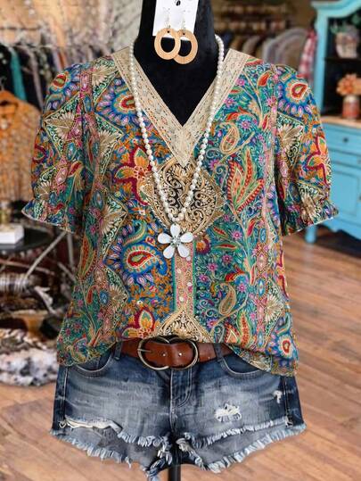 Linhara Áo kiểu tay phồng cổ chữ V ren paisley phong cách Bohemian, áo sơ mi tay ngắn thích hợp cho các chuyến đi biển Đông Nam Á, lễ hội âm nhạc Bohemian, dạo chợ đồ vintage, dã ngoại cùng bạn bè, thoải mái và thanh lịch.