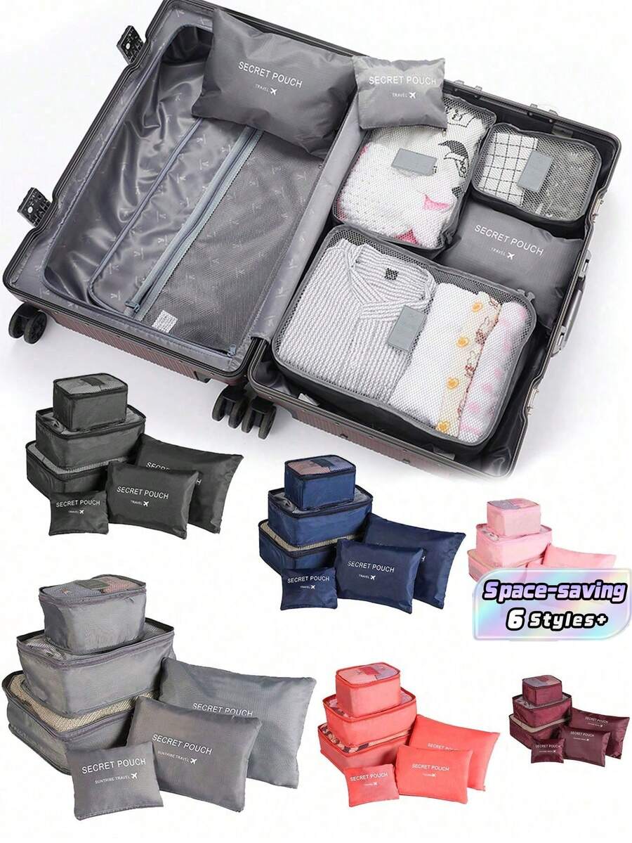 Set 6 Tas Penyimpanan Perjalanan, Organizer Serbaguna dengan Tas Kosmetik & Kantong Kebersihan, Tas Koper Lipat Anti Debu untuk Pakaian, Sepatu, Pakaian Dalam, Perlengkapan Penyimpanan Lemari untuk Kamar Tidur dan Sekolah