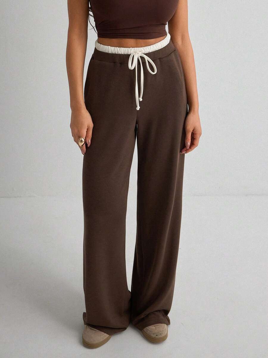 Casual Versatile Contrast Color Drawstring Waist Pants - Brown - View 1