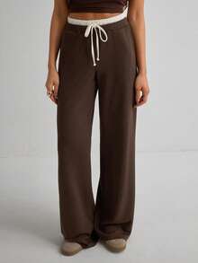 Casual Versatile Contrast Color Drawstring Waist Pants - Brown - View 11