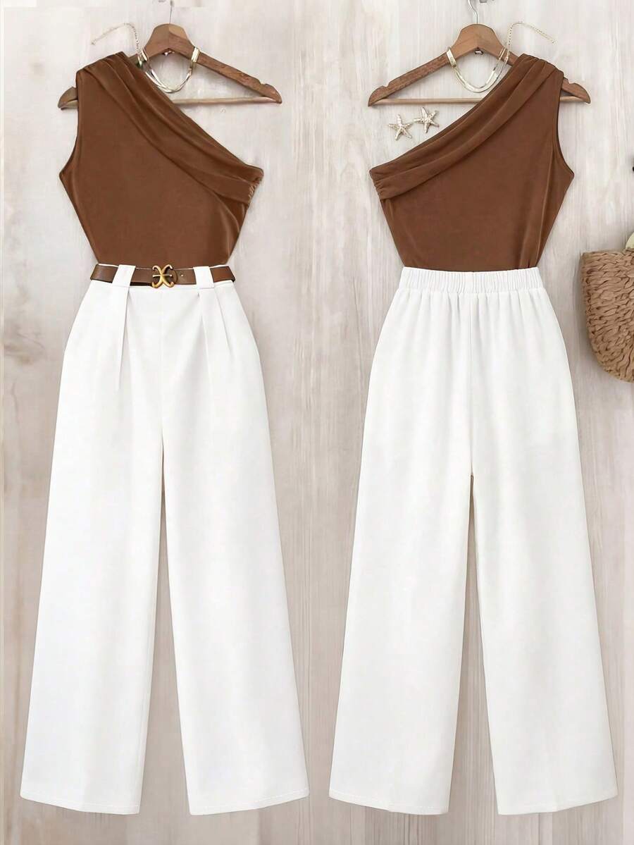 Franclia Elegant White And Brown Summer 2 Pieces Set For Women,Casual Brunch Pleated Shoulder Top And High Elasticity Waist Straight Leg Pants,Commuter Wear - Multicolor - View 1