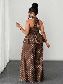 Maweii Plus Size Polka Dot Backless Halter Top And Wide Leg Pants Set, Elegant Commuting Fashion Versatile - Coffee Brown - View 6