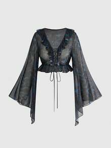 ROMWE Goth Top de malla con estampado floral de piel de serpiente gótico vintage azul con volantes y cintura con lazo para mujeres de talla grande - Azul - Ver 7