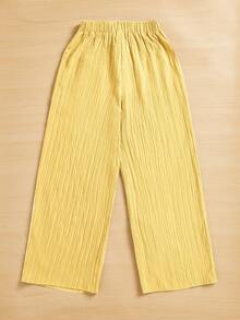 SHEIN Essnce Summer Casual Textured Wide Leg Capri Pants - Yellow - View 2