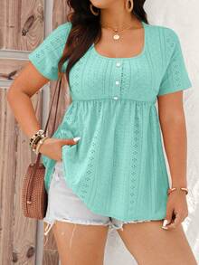 EMERY ROSE Plus Size Women's Solid Color Pleated Casual Versatile Daily Short Sleeve T-Shirt - Green - View 1