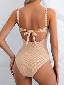 Swim Basics Traje de baño de una sola pieza de mujer con espalda descubierta, cortes y detalles de atadura en la parte delantera, para el verano - Naranja - Ver 2