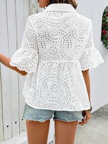 SHEIN Holidaya 女士棉质刺绣荷叶边袖口单排扣衬衫 - 白色 - 查看 2