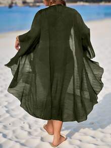 Swim Lushoire Áo khoác ngoài dáng kimono màu đen trơn, nhẹ, rộng rãi dành cho nữ cỡ lớn, thiết kế trưởng thành và tối giản. - màu xanh lá - Xem 2