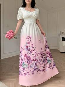 Celisse Square Neck Pearl Button Puff Sleeve Elastic Waist Floral Print Dress For Women - Multicolor - View 6