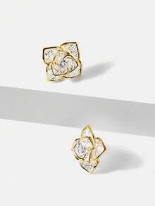 MOTF Anting-anting Temperamen Zirkonium Bertatahkan Bunga Berongga Dua Warna Berlapis Emas 18K - MultiWarna - View 8