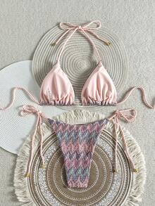 Swim Vcay Women's 2-Piece Summer Beach Outfit, Textured Rope Halter Top & Tie Side Bottom Swimwear Bikini Set - Pink - View 2