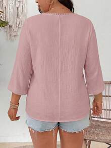 Linhara CURVE Plus Size Casual Linen Texture V-Neck Floral Print Shirt - Pink - View 2