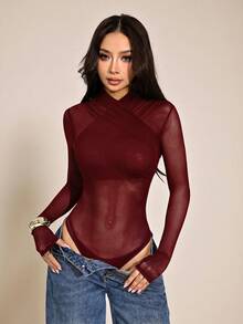 SHEIN PETITE 女士性感纯色网纱裹身连体衣，透视长袖上衣，长袖网纱上衣，黑色透视上衣，黑色网纱上衣，秋季款，黑色连体衣 - 酒紅色 - 查看 9