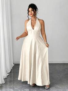 Elenzga Plus Size V-Neck Flowy Dress, Elegant Romantic Wedding/Evening/Formal Dress For Women, Summer Outfit With Bow - Apricot - View 5