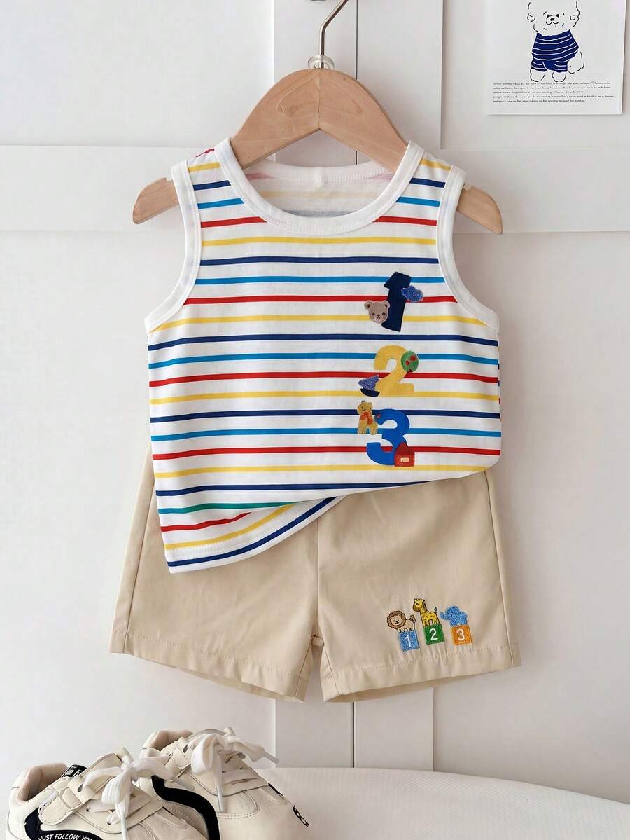 SHEIN Playful Pals 2件組可愛藍白條紋夏季休閒男嬰套裝 卡通數字印花背心 & 動物刺繡杏色短褲 海灘穿搭 6M-3Y - 彩色 - 查看 1