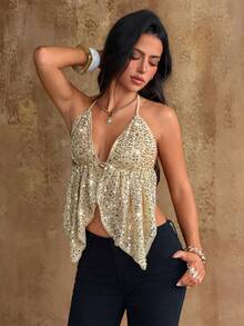 Flairista Áo kiểu nữ gợi cảm, vạt lệch, hở lưng, đính sequin, cổ yếm, thích hợp mặc đi club mùa hè. - Vàng - Xem 3