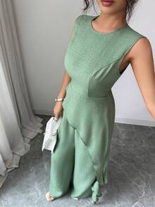 Elenzga 女士时尚圆领不规则荷叶边下摆系带腰带休闲裤套装，绿色，春夏两件套，适合派对、约会、用餐、海滩度假、返校、教师节、母亲节、复活节、圣帕特里克节、节日、日常休闲穿着、通勤。 - 綠色 - 查看 3