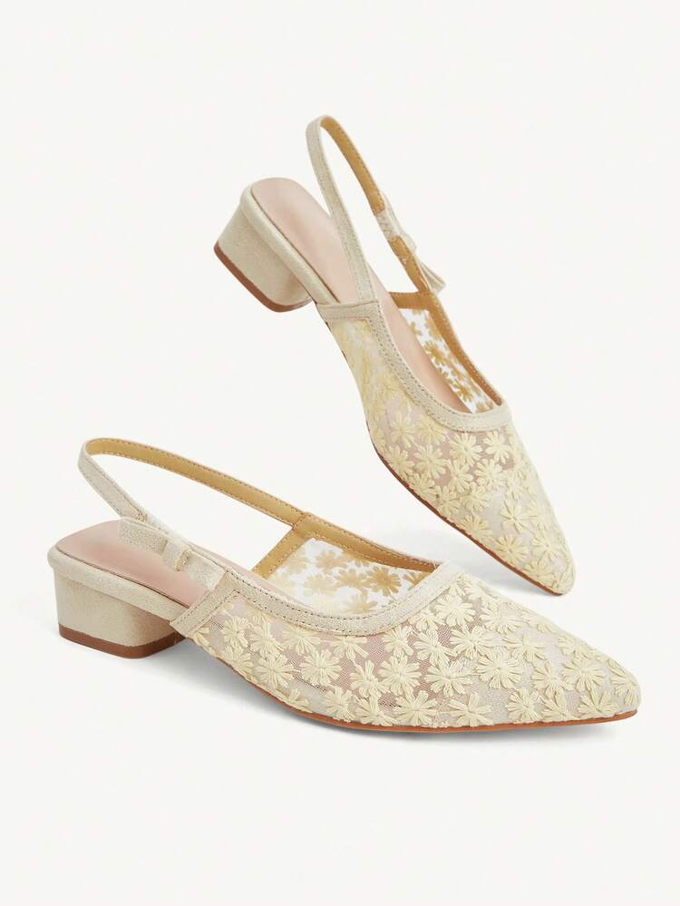 CUCCOO CHICEST Ladies Spring And Summer New Pointed Toe Low Heel Yellow Lace Mesh Bow Fashionable Elegant Breathable Lady Style Women's Shoes Thick Heel Low Heel Empty Women's Shoes