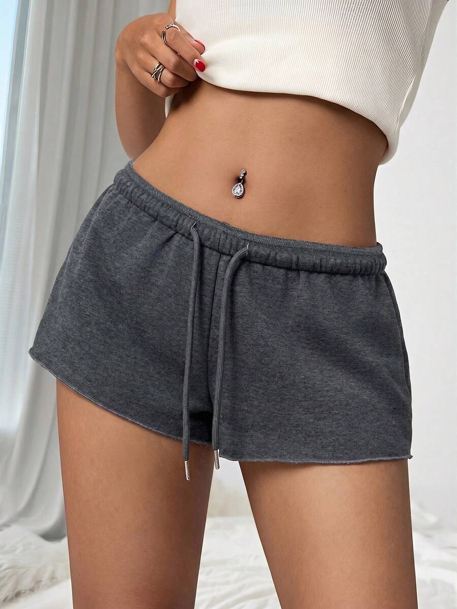SHEIN PETITE Women's Solid Color Elastic Waist Loose Casual Shorts - Dark Grey - View 1