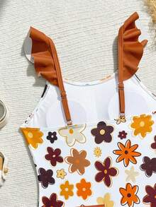 SHEIN Tween Girl Floral Print Ruffled One-Piece Swimsuit With Cover-Up Skirt,White Summer Boho Vacation Holiday Young Girls Flower Bathing Suit 2 Piece Set - Brown - View 5