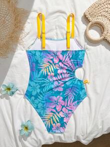 SHEIN Teen Girls' Tropical Leaf Print Hollow Bowknot One-Piece Swimsuit,Modest Hibiscus Palm Tree Bathing Suit For Summer,Vacation,Holiday Beach & Resort - Multicolor - View 2